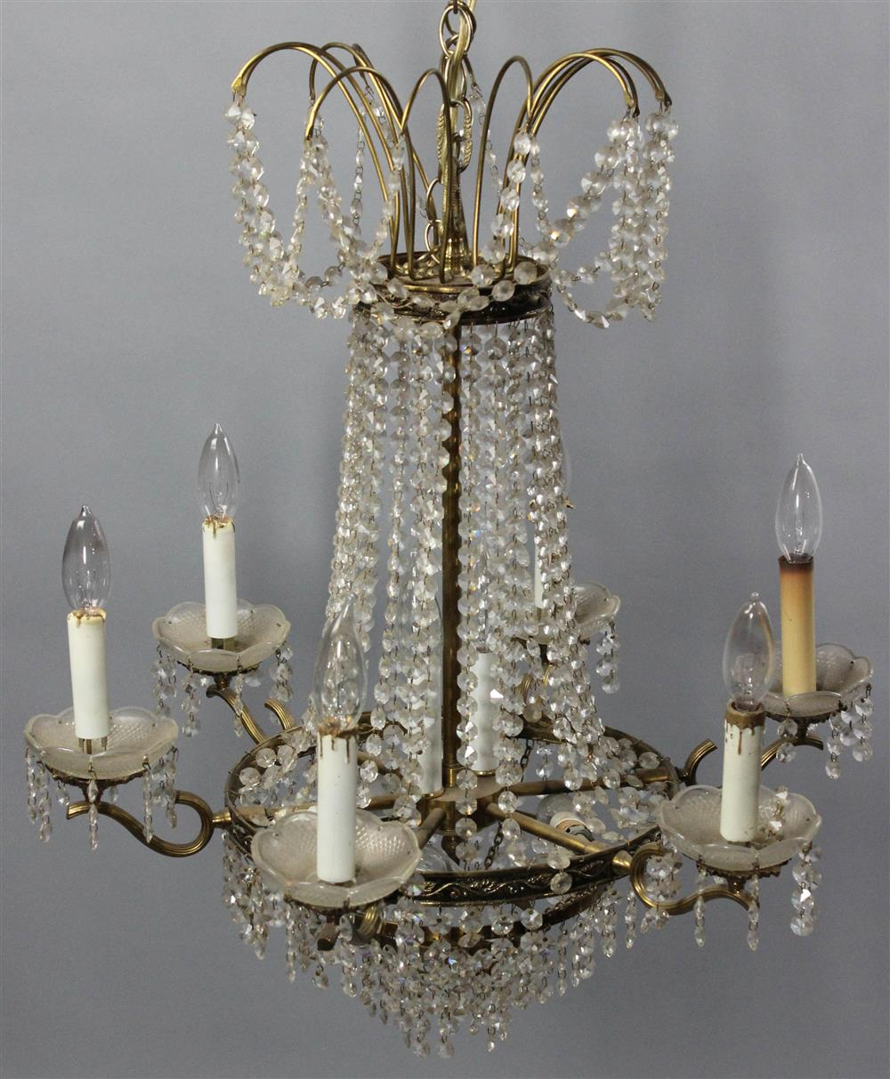 LOUIS XVI STYLE BEADED GLASS AND GILT METAL SIX LIGHT