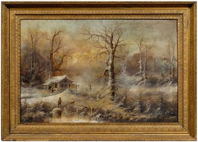Painting signed G Holthaus hunters outside a cabin in a