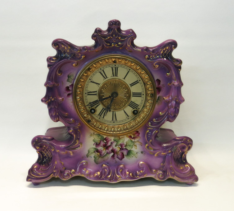 ANSONIA CHINA CASE MANTEL CLOCK Whisper model with lilac color