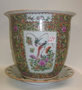 A LARGE CHINESE ENAMELED PORCELAIN PLANTER AND UNDER PLATE The