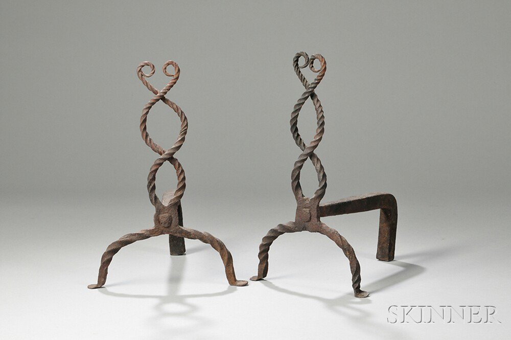 Pair of Wrought Iron Rope twist Andirons America late 18th