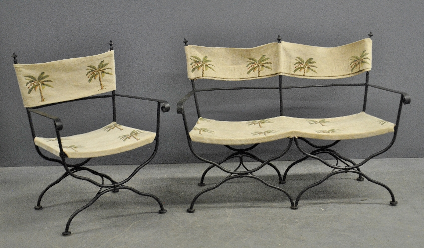 Wrought iron director s settee and chair decorated with palm