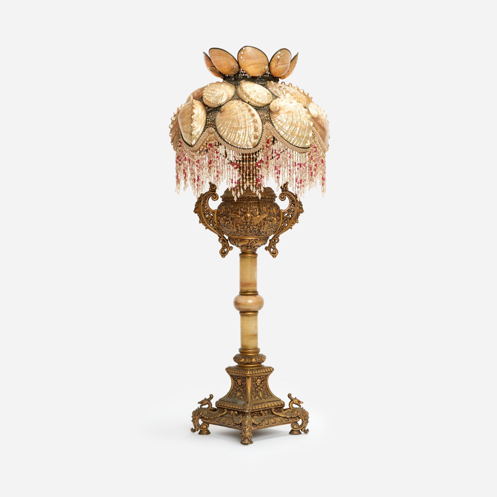 EXCELLENT ABALONE SHELL SHADE CA 1900 BUFFET LAMP An excellent