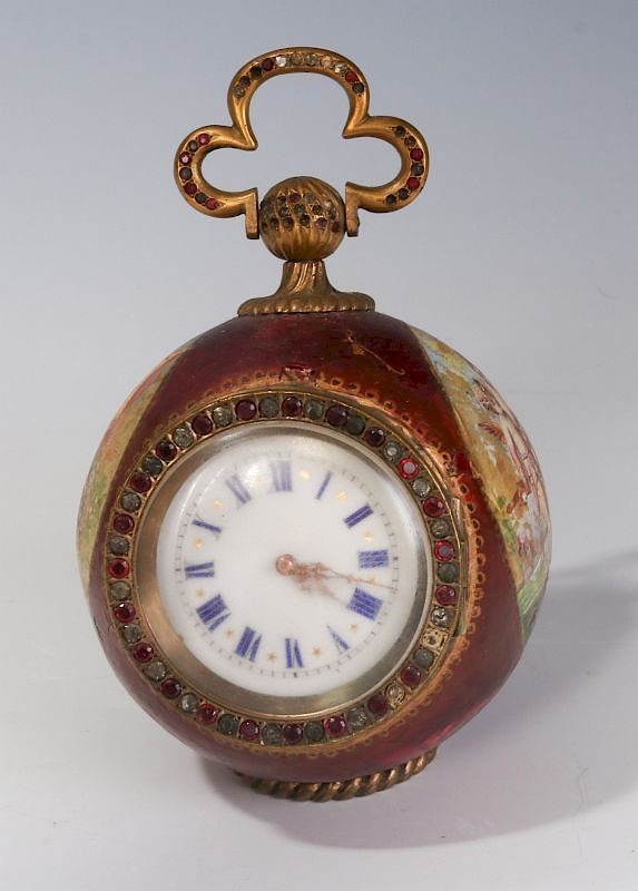 A 19TH C JEWELED VIENNESE ENAMEL BALL SHAPE CLOCK A