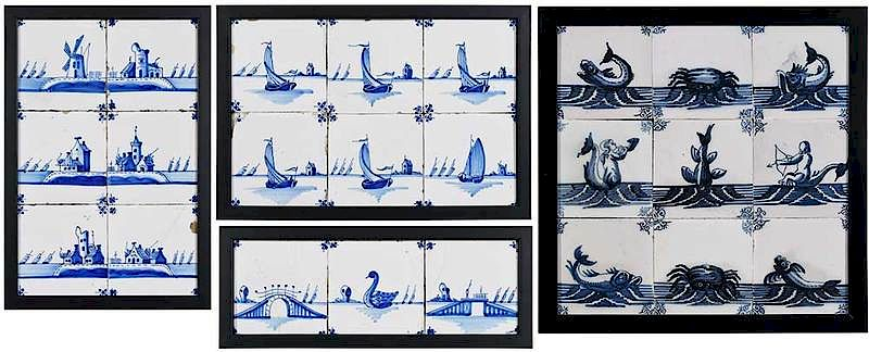 24 Framed Maritime Delftware Style Tiles Continental possibly 20th century