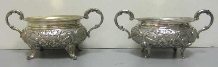 PAIR FRENCH SILVER SALT DISHES 18th CENTURY Each oval footed