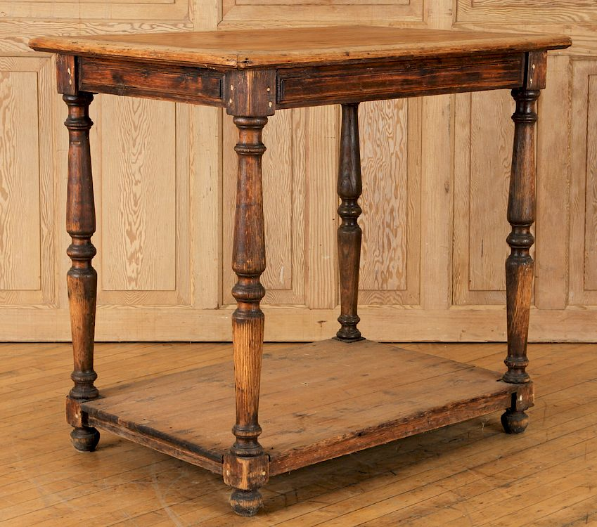 19TH CENT RUSTIC TWO TIER OAK TABLE MARBLE TOP A