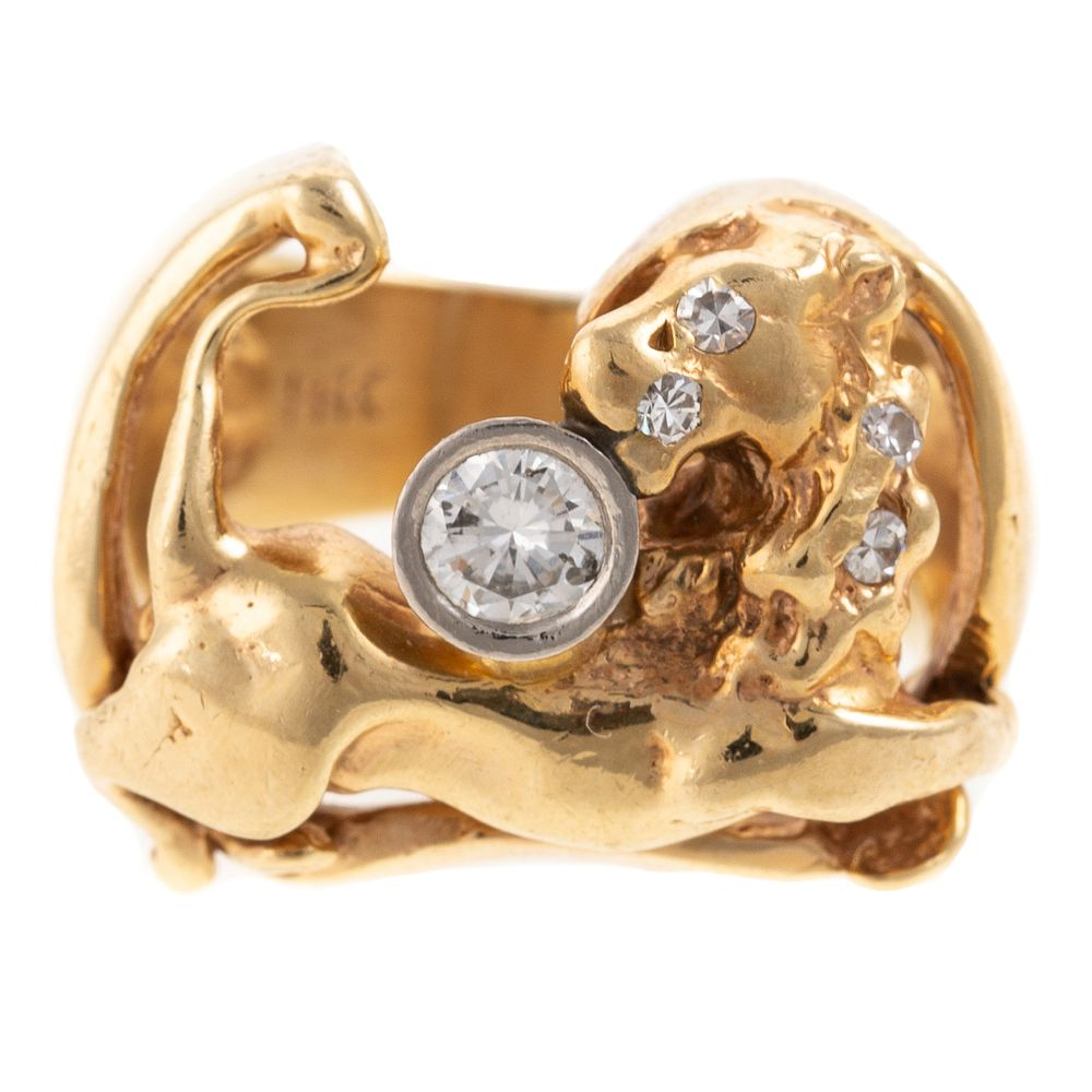 A Handmade Lion Ring with Brilliant Cut Diamond 14K yellow