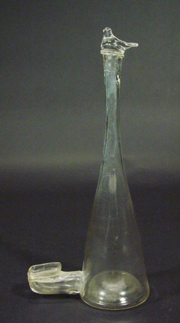 Tall glass ink well with bird design knop 22cm high
