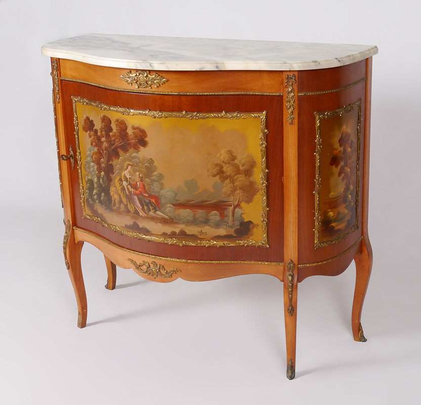 SERPENTINE MARBLE TOP PAINT DECORATED COMMODE Serpentine variegated marble top