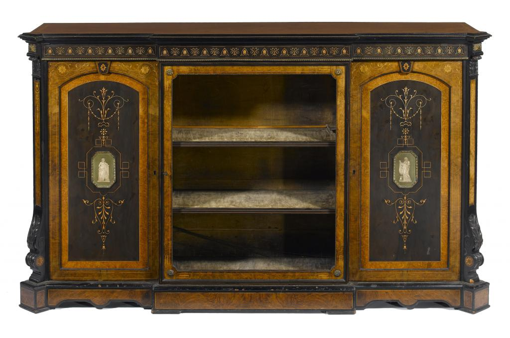 A VICTORIAN WALNUT INLAID AND EBONISED SIDE CABINET of breakfront