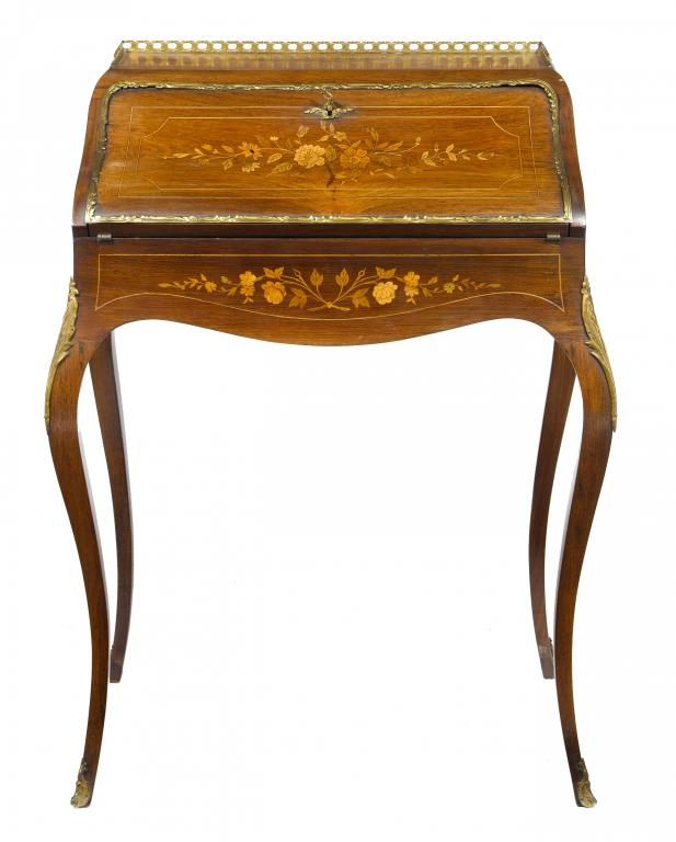 A FRENCH ROSEWOOD MARQUETRY BUREAU DE DAME with three drawers