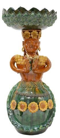 Earthenware folk art figure with removable planter bowl Michoacan Mexico