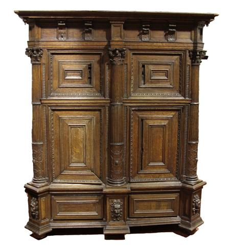 A 17th century Dutch oak armoire the projecting dentil cornice