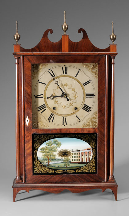 Connecticut Pillar and Scroll Clock 19th century scrolled pediment over