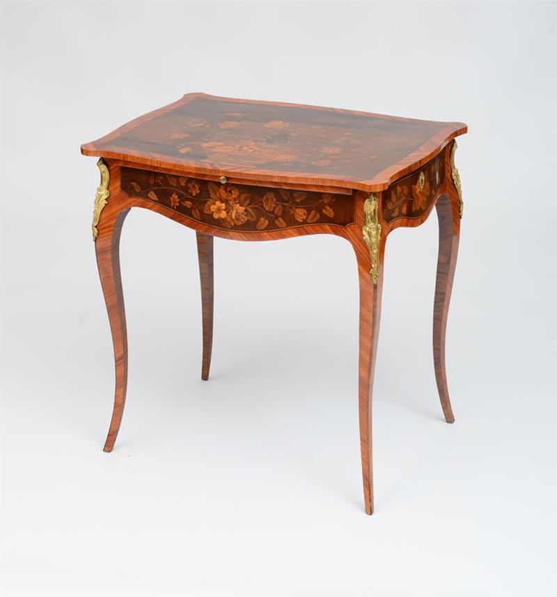 RARE GEORGE III GILT BRONZE MOUNTED TULIPWOOD SYCAMORE AND HAREWOOD