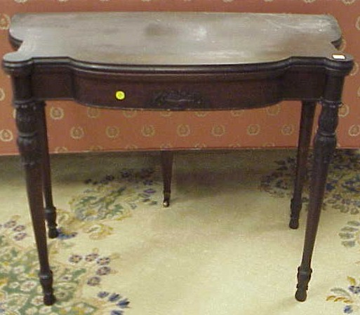 Sheraton style mahogany card table hinged top with bow front