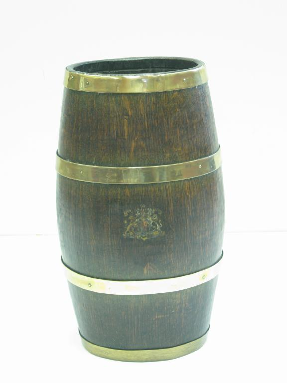 A 19th Century oak Coopered Barrel Stick Stand printed Royal