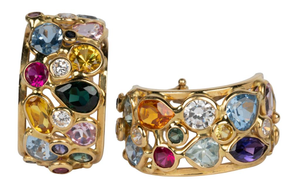 PAIR OF 18 KARAT YELLOW GOLD MULTI GEM EAR CLIPScontaining