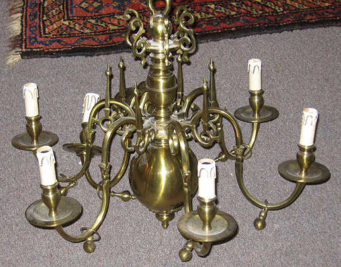 SOLID BRASS SIX LIGHT CHANDELIER Having a turned stem with