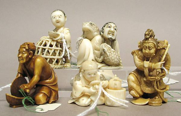 Five ivory figural netsuke Including a tinted portrayal of the
