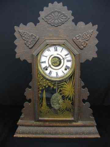 Ingraham Victorian Gingerbread Kitchenclock oak case stenciled glass door 21