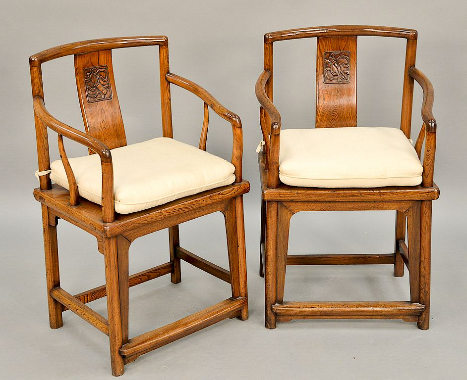 Pair of Chinese armchairs with carved back panel ht 35