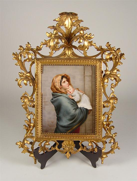 Madonna Child on Porcelain Early 20th Century Handpainted porcelain tile