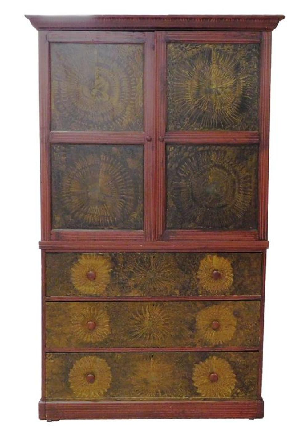 Grain painted linen press 20th C two part cabinet with