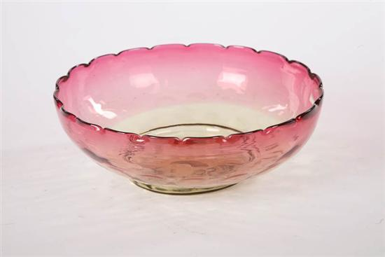AMBERINA GLASS BOWL Thumbprint pattern with scalloped rim 3 h