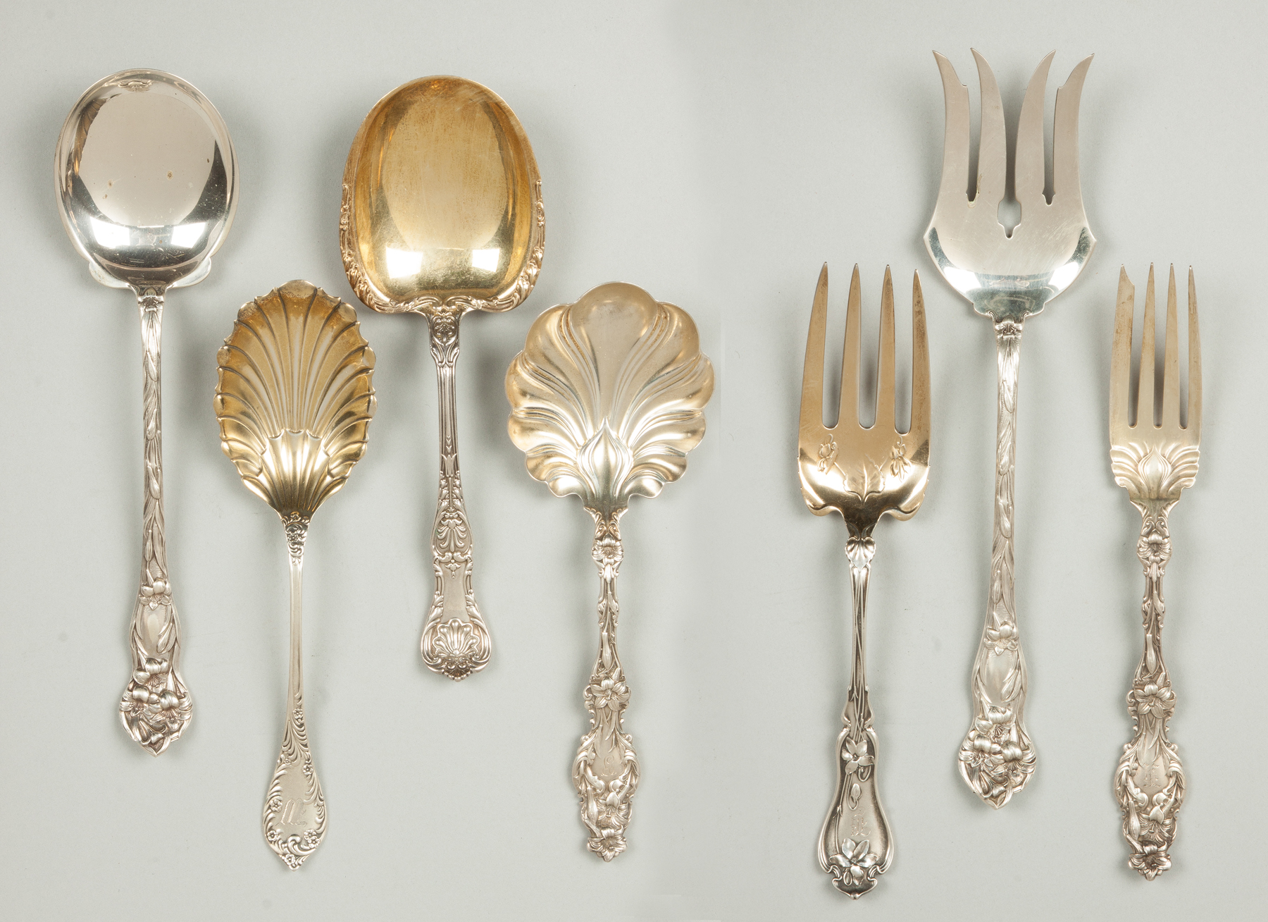 Seven Sterling Silver Serving Spoons Forks Spoons L to R