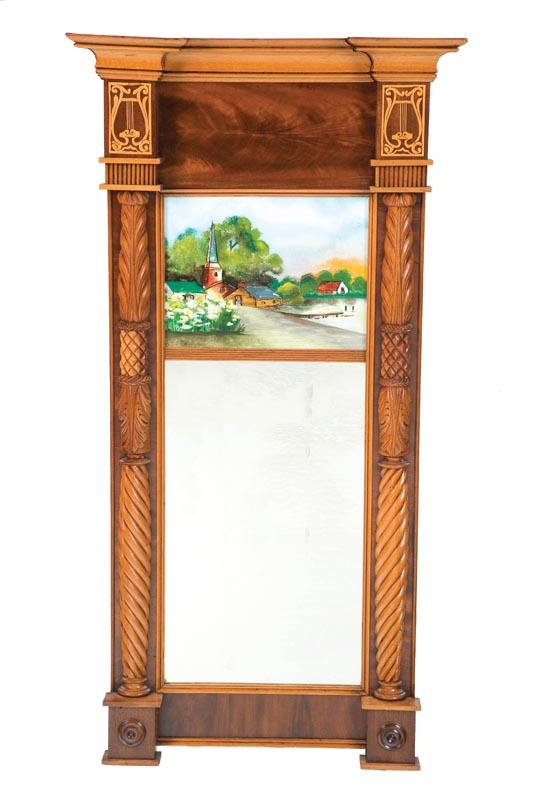 REVERSE GLASS PAINTED MIRROR American 1st half 19th century mahogany