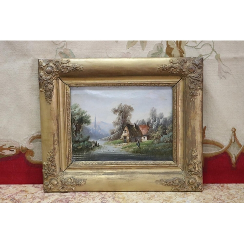 Antique European school probably French homestead river with mountains in