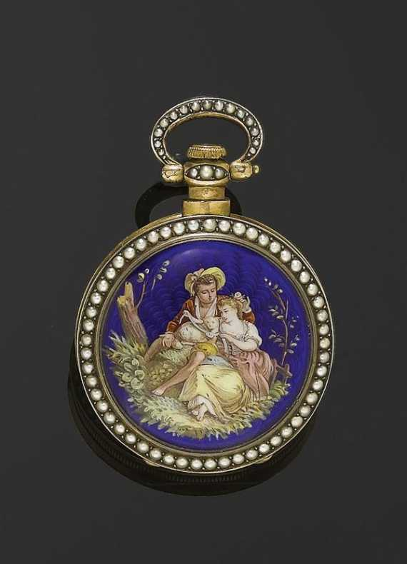 ENAMEL AND PEARL MINIATURE PENDANT WATCH ca 1860 Silver gold