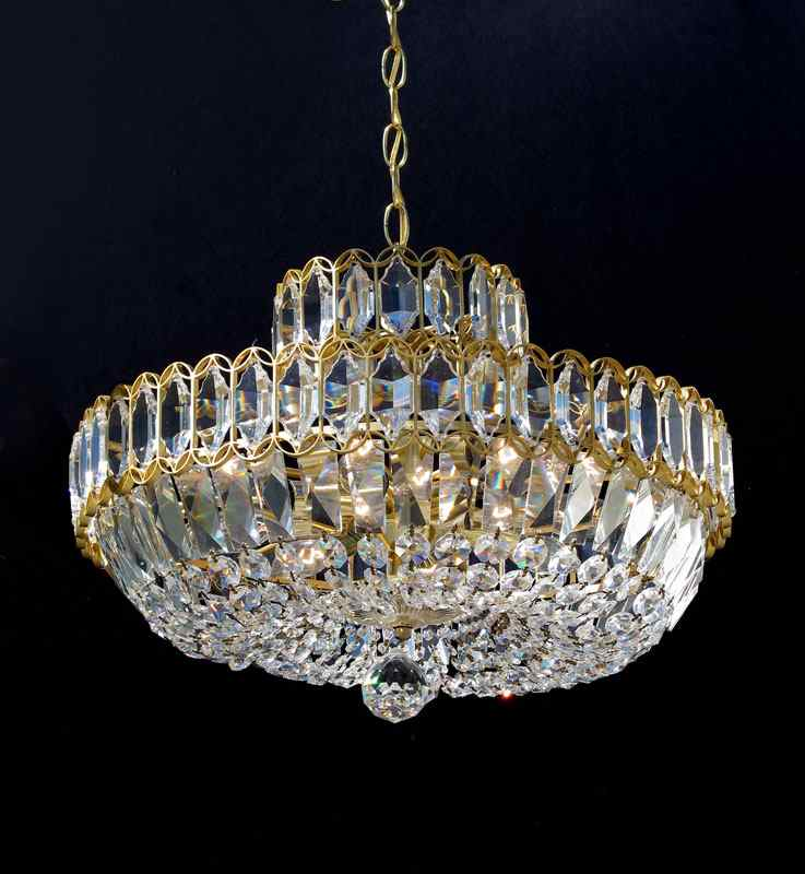 RETRO CRYSTAL CHANDELIER Gold tone frame bowl type chandelier unusual