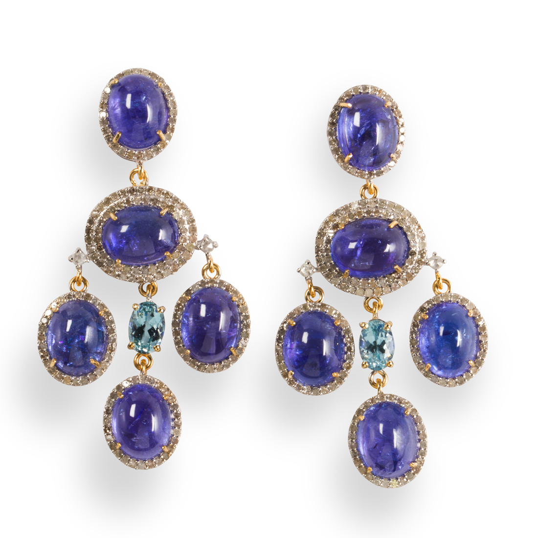 A PAIR OF TANZANITE AQUAMARINE AND DIAMOND EARRINGS A pair