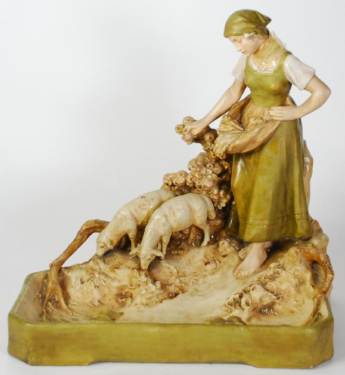 LARGE ROYAL DUX PORCELAIN FIGURAL OBLONG DISH a maid stood