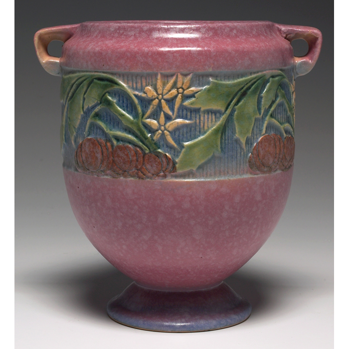 Roseville Baneda vase double handled and footed form in pink