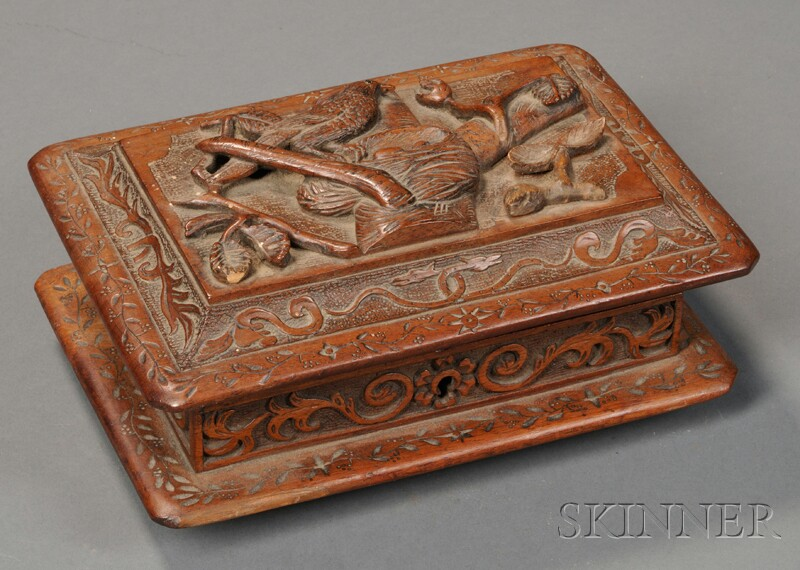 Carved Walnut Box with Bird on Nest Motif America 19th