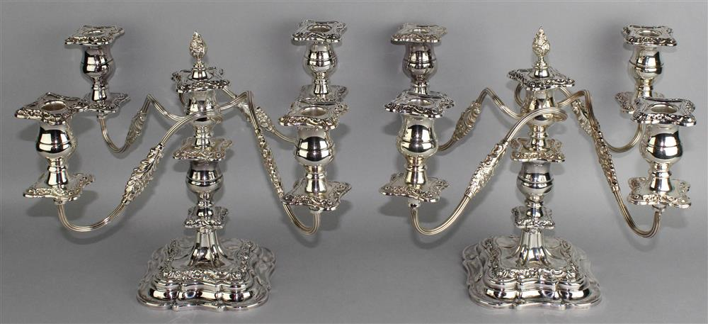 PAIR OF GEORGE III STYLE FIVE LIGHT SILVERPLATED CANDELABRA with