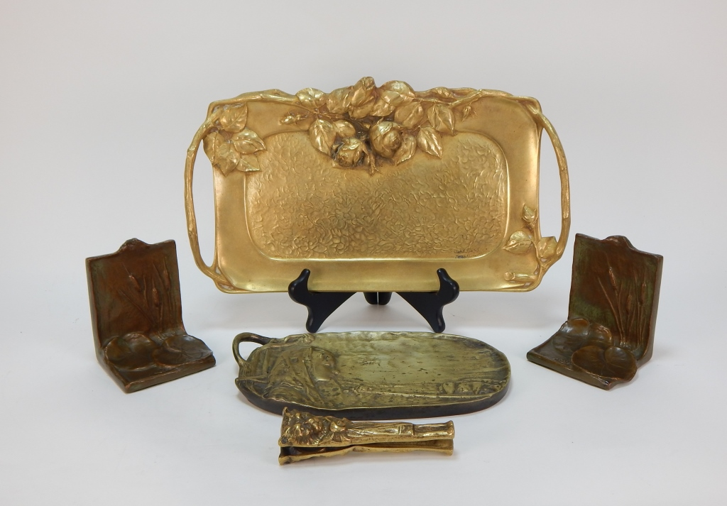 4PC BRONZE ART NOUVEAU PIN TRAY BOOKENDS GROUP United States