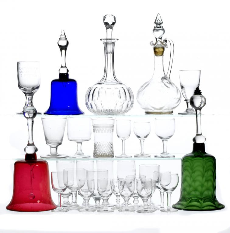 THREE VICTORIAN BELLS OF BLUE GREEN OR CRANBERRY GLASS AND