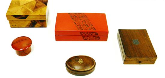 Five boxes including red lacquer floral decoration 1 1 2