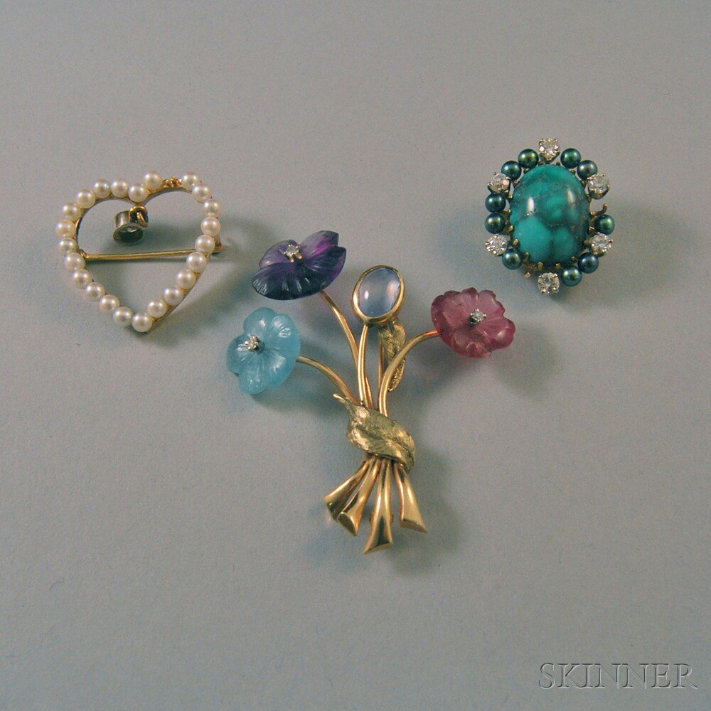 Three 14kt Gold Gem set Pins a carved glass and