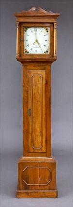 CHIPPENDALE STYLE OAK LONG CASE CLOCK The 11 in painted