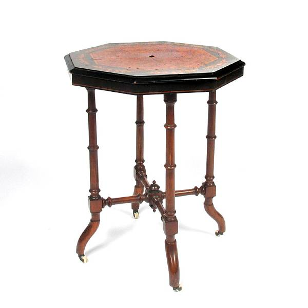 A Neoclassical style ebonized and marquetry occasional table height 27in