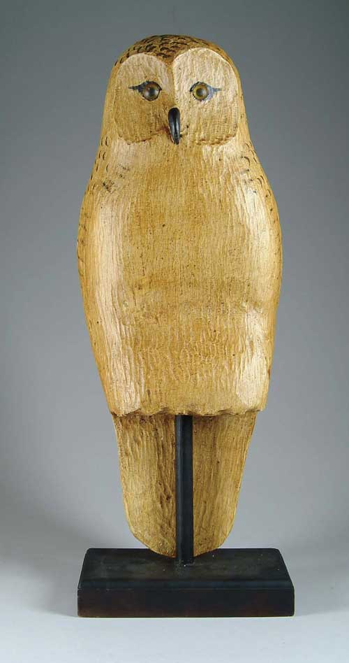 CARVED AND PAINTED FOLK ART OWL BY FRANK FINNEY Mustard