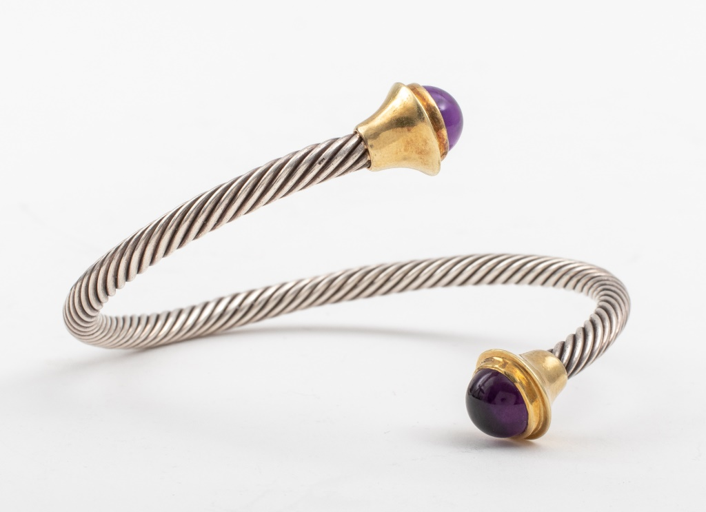 14K AMETHYST CABOCHON SILVER CABLE BRACELET AB 14K Gold and