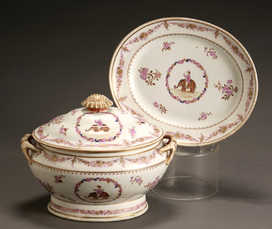 Chinese Export Elephant and Mahout Covered Soup Tureen and Stand