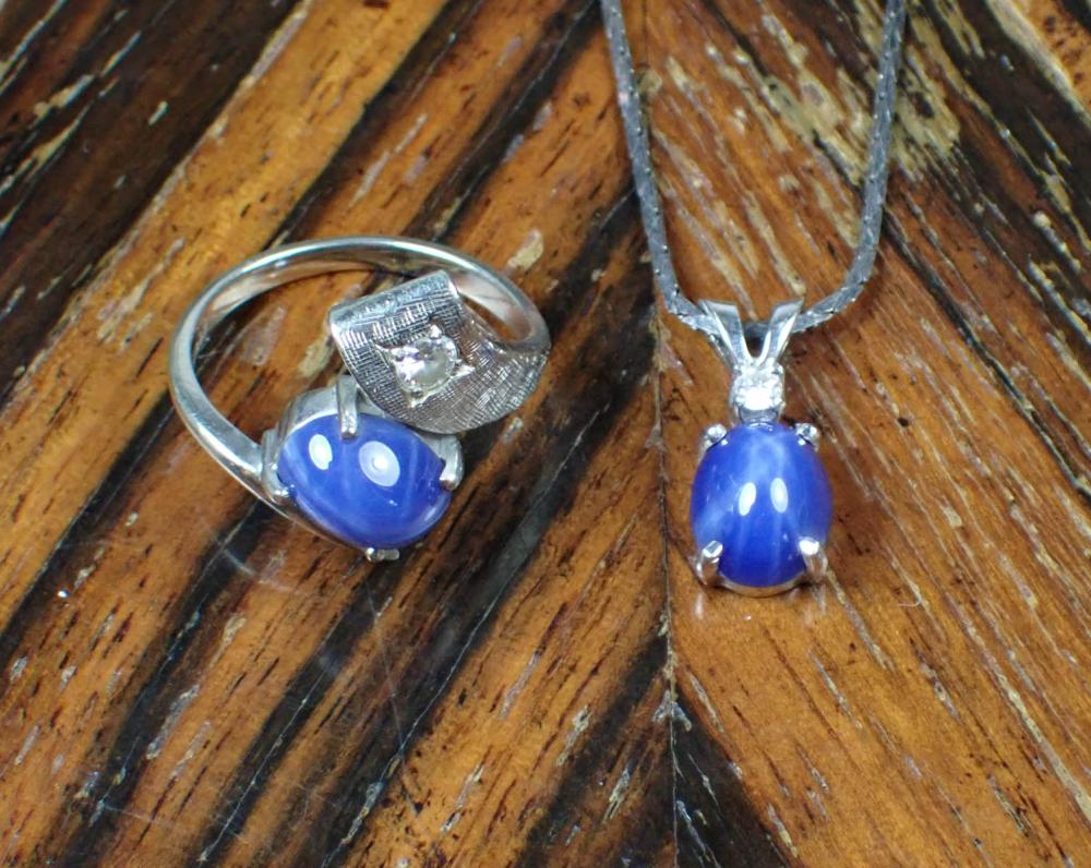 TWO ARTICLES OF STAR SAPPHIRE AND DIAMOND JEWELRY including a